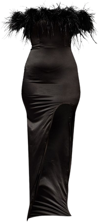 Black Bandeau Feather Trim Maxi Dress | PrettyLittleThing USA