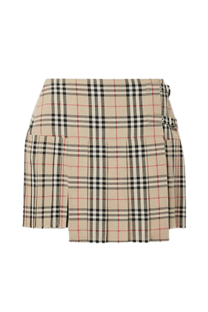 Pleated Checked Wool Mini Skirt - Beige