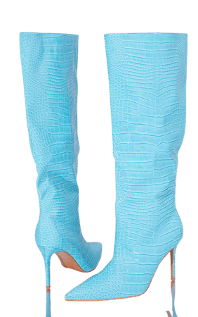 Blue Croc Stiletto Heeled Knee High Boots | PrettyLittleThing USA