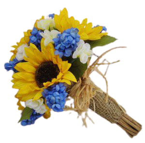 blue yellow sunflower burlap bouquet