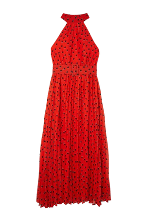Spot Print Pleated Georgette Woven Halter Midi Dress | Karen Millen