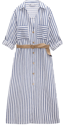 LINEN BLEND BELTED DRESS - Blue / White | ZARA United States