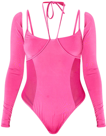 Candy Pink Slinky Halterneck Mesh Panel Long Sleeve Bodysuit | PrettyLittleThing USA