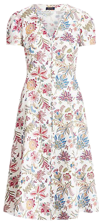 Floral Linen V-Neck Midi Dress
