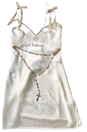 white slip dress cross bows chain rosary