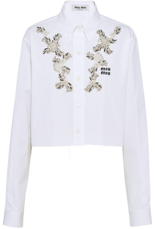 Stone-embellished poplin shirt White | Miu Miu