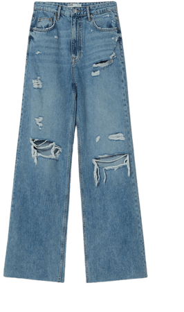 Ripped wide-leg jeans - Denim - Woman | Bershka
