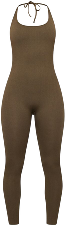 Dark Olive Structured Contour Rib Halterneck Jumpsuit - Casual Jumpsuits - Jumpsuits - Jumpsuits & Rompers - Womens Clothing | PrettyLittleThing USA