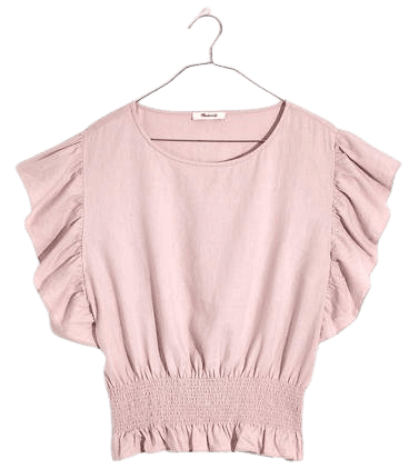 Linen-Blend Flutter-Sleeve Smocked Top