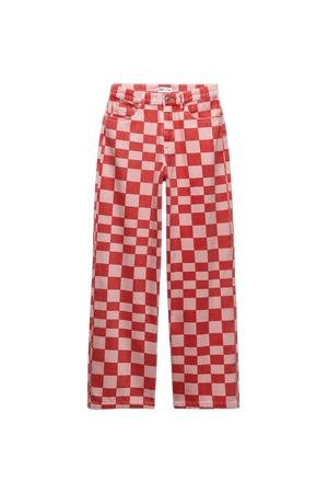 wide legged red checkered pants