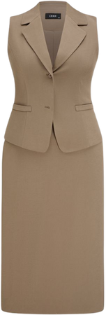 Collar Solid Button Vest & Split Midi Skirt Matching Set Curve & Plus - Cider