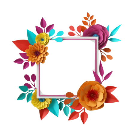 3d render, digital illustration, abstract frame, colorful paper flowers, quilling craft, handmade festive decoration, vivid floral background, mint pink yellow, rectangular card template Stock Illustration | Adobe Stock