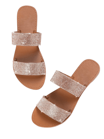 Open Toe Double Rhinestone Band Slide Sandals | SHEIN USA