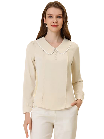 Allegra K Women's Peter Pan Collar Shirt Crochet Trim Long Sleeve Chiffon Work Office Blouse Medium White at Amazon Women’s Clothing store