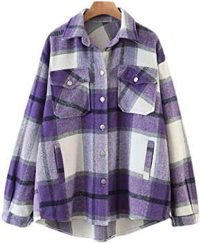 Tanming Womens Brushed Flannel Plaid Lapel Button Short Pocketed Shacket Shirts Coats (01 Purple, M) at Amazon Women’s Clothing store