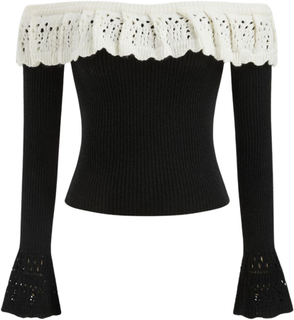 Off-shoulder Contrasting Lace Knitted Long Sleeve Top - Cider