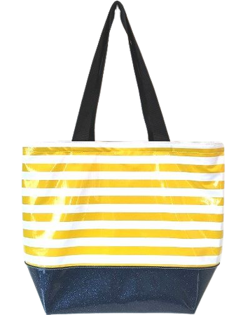 sarahjane oilcloth beach bag yellow stripe with blue glitter bottom