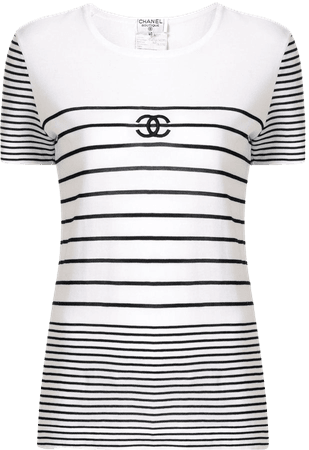 Shop white & black Chanel Pre-Owned 1995 striped CC T-shirt with Express Delivery - Farfetch