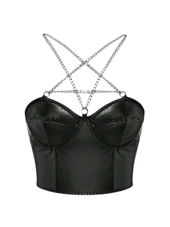 ROMWE Goth Gothic Punk & Hardcore Style Ladies' Pu Leather Chain Strap Vest Top With Pentagram Shaped Metal Accessory | SHEIN USA