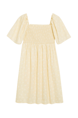 Yellow shirred midi dress - Yellow with white flowers - Midi dresses - Monki WW