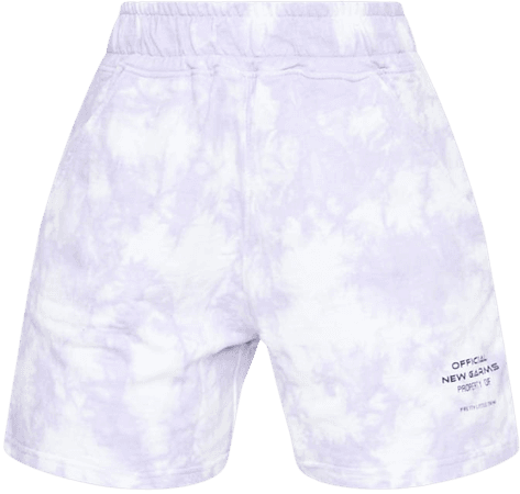 Prettylittlething Lilac Tie Dye Slogan Sweat Shorts | PrettyLittleThing USA