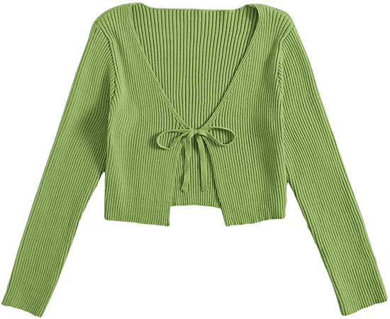 Floerns Women's Tie Front Long Sleeve Rib Knit Cardigan Crop Top Lime Green L at Amazon Women’s Clothing store