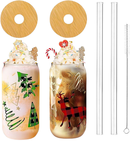 Amazon.com | ANOTION Christmas Cups, 18oz Christmas Coffee Mugs Glass Cups with Lid and Straw Colorful Xmas Tree Tumbler Drinking Glasses Glassware Drinkware Cookie Jar Home Decoration Gifts for Women Kids Men: Mixed Drinkware Sets