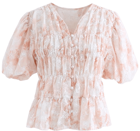 Floral Print Bubble Sleeves Button Down Chiffon Top in Peach - Retro, Indie and Unique Fashion
