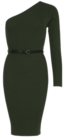 One Shoulder Rib Knit Belted Midi Dress | Karen Millen