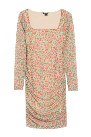 Floral square neck ruched midi dress - Multicolour floral - Monki WW