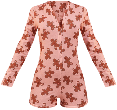 Pink Gingerbread Print Pj Romper | PrettyLittleThing CA