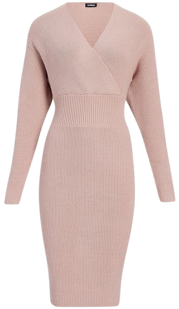 Ribbed Knit V-neck Long Sleeve Midi Sheath Sweater Dress | Express
