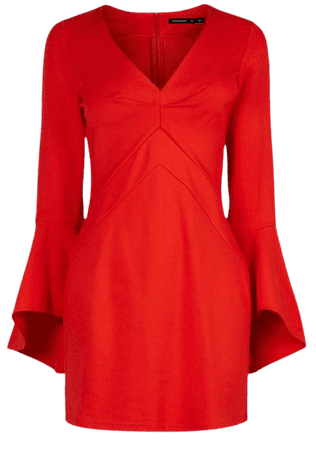 Ponte V Neck Flute Sleeve Jersey Dress | Karen Millen