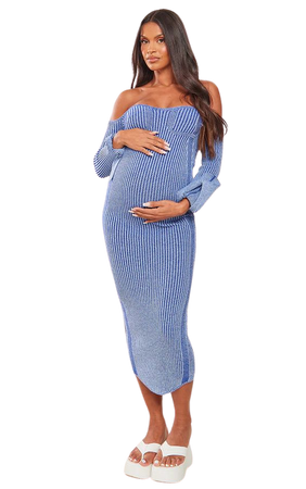 Maternity Blue Off The Shoulder Contrast Knit Midaxi Dress