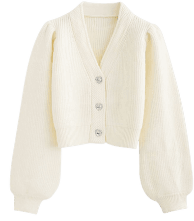 Crystal Button Puff Sleeves Crop Cardigan in Cream - Retro, Indie and Unique Fashion
