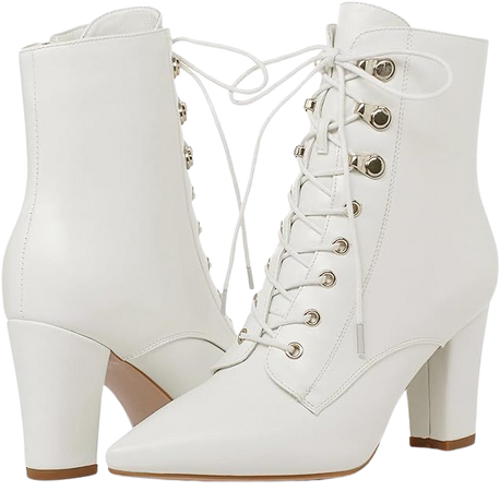 Amazon.com | SoundSky Chunky Heel Lace Up Pointed Toe High Heel Ankle Boots Side Zip Short GoGo Boots for Women Mid Calf Booties,White,US7 | Shoes