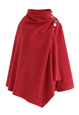 Asymmetric Hem Button Wrap Cape Coat in Red - TOPS - Retro, Indie and Unique Fashion