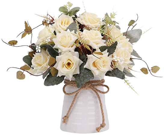 Amazon.com: YILIYAJIA Artificial Flowers in Vase Silk Rose Flower Arrangements Fake Faux Flowers Bouquets with Ceramics Vase Table Centerpieces for Easter Holiday Dinning Room Table Kitchen Decoration (champagne): Home & Kitchen