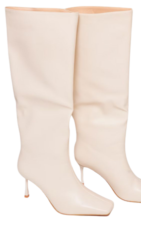 Cream PU Square Toe Mid Heeled Knee High Boots | PrettyLittleThing