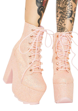 Y.R.U. Pink Glitter Night Terror Platform Boots | Dolls Kill