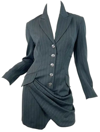 1990s Byron Lars Size 4 / 6 Dark Green Pin Striped Avant Garde Vintage 90s Dress For Sale at 1stDibs