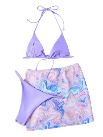 3pack Micro Triangle Bikini Swimsuit & Marble Print Skirt | SHEIN USA
