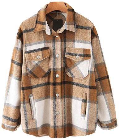 Womens Casual Flannel Wool Blend Plaid Lapel Button Down Long Sleeve Shacket Jacket Coat Winter Loose Oversize Shirts(Khaki, Large) at Amazon Women’s Clothing store