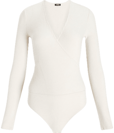 Ribbed Faux Wrap Thong Bodysuit | Express