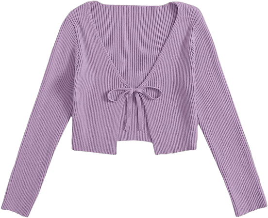 Floerns Women's Tie Front Long Sleeve Rib Knit Cardigan Crop Top Lilac Purple S at Amazon Women’s Clothing store