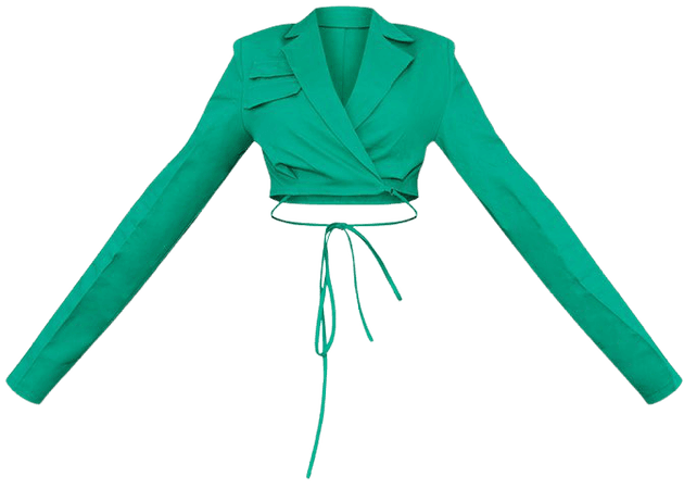 Bright Green Woven Tie Waist Crop Blazer Shirt | PrettyLittleThing USA