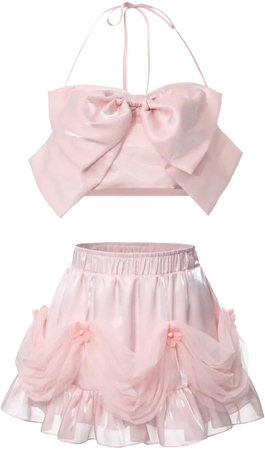 RECIT Pink Glossy Bow Halter Corset + Ruffle Skirt
