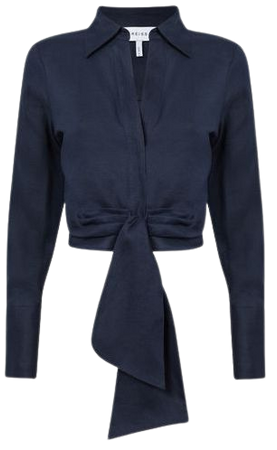 Reiss Navy Dahlia Linen Cropped Tie Front Blouse | REISS USA