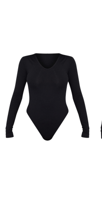 Basic Black Cotton Blend V Neck Long Sleeve  Bodysuit