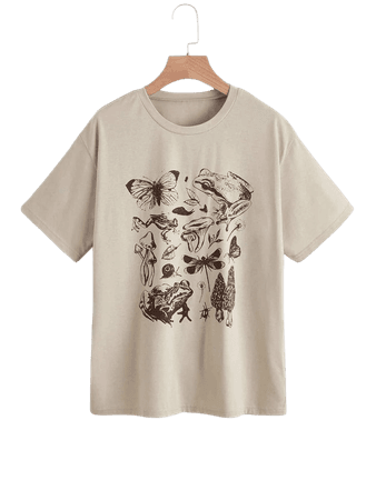 Mushroom And Butterfly Print Short Sleeve Tee | SHEIN USA